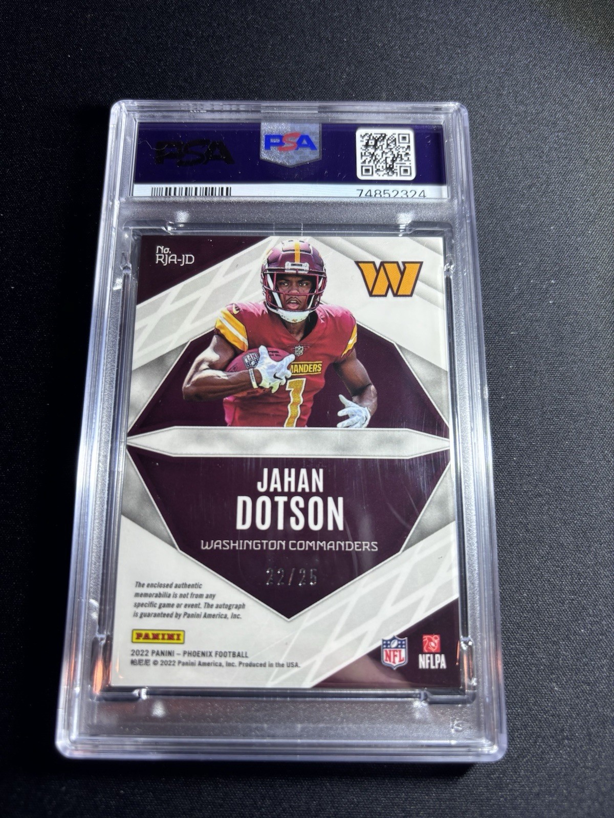 2022 Panini Phoenix Jahan Dotson RPS Rookie Patch Auto Red /25 PSA/DNA view 2