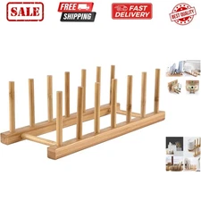 Bamboo Wooden Dish Rack, Vertical Plate & Lid Organizer for Kitchen Cabinet o...