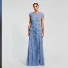 Mac Duggal 14521 Blue Floral Embellished Cap Sleeve Gown Sz 14 NEW