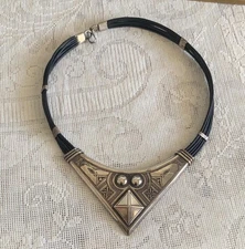 Wonderful Tribal W Africa Niger Sterling Silver With Black Leather Band Necklace