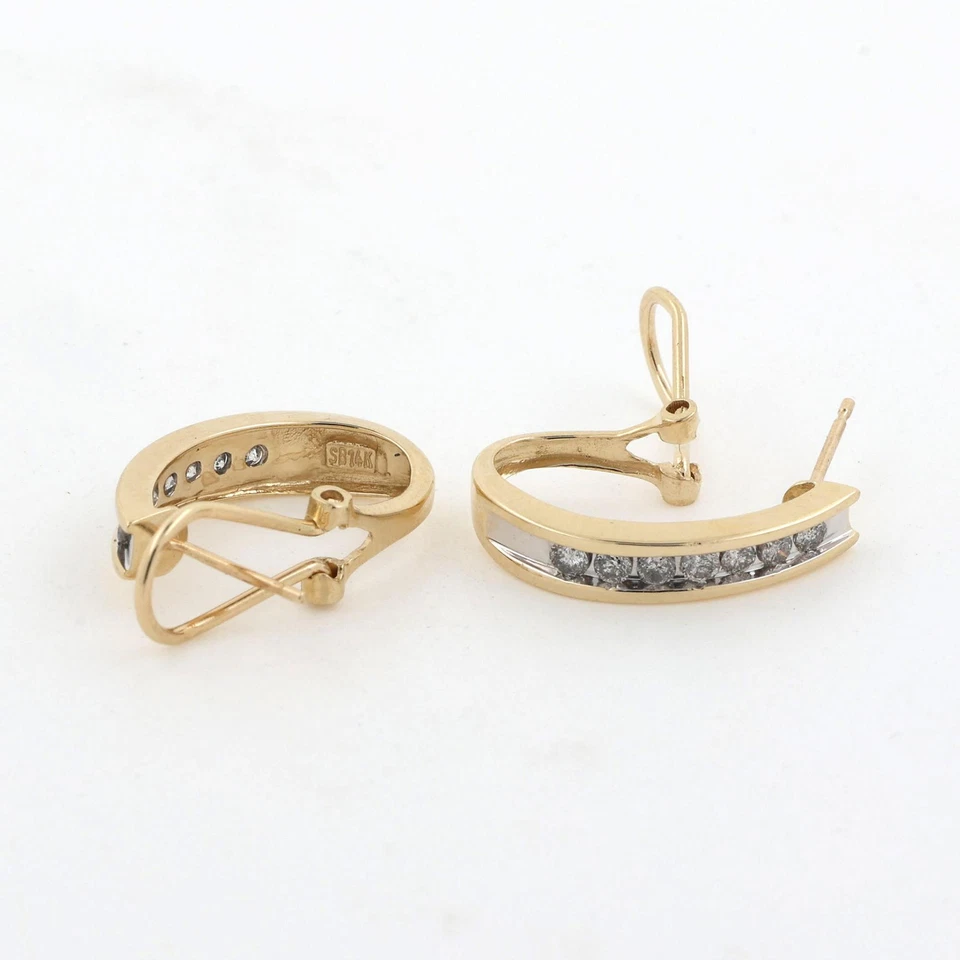 Diamond J Hoop Earrings 14K Gold 0.35 TW Channel Setting Omega Backs 0.70" - Image 4 of 4