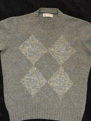 Brunello Cucinelli Argyle Pullover 48  M Wolle Kaschmir Seide Grau NP1230  (k89)