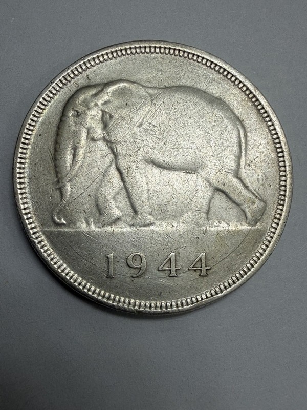 BELGIAN CONGO 50 Francs 1944, African Elephant Silver Coin