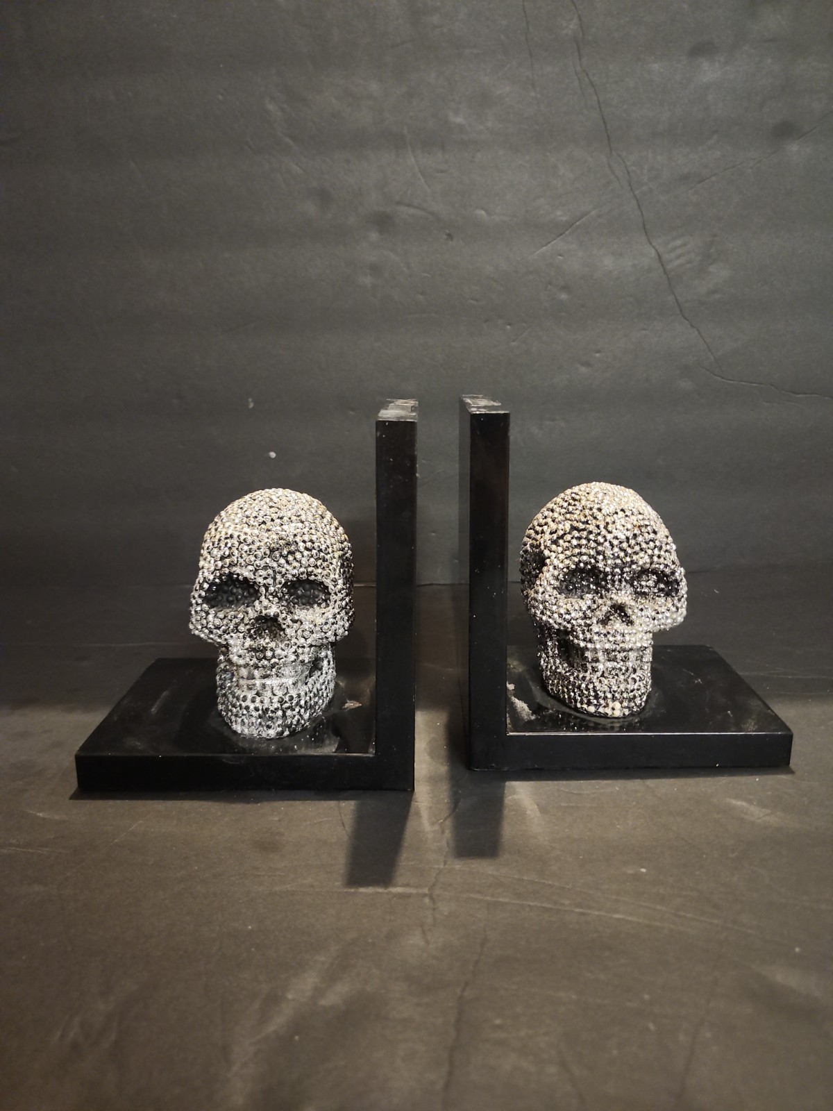 Gothic Glam Rhinestone Skull Bookends Silver Black Studded Resin Halloween Decor