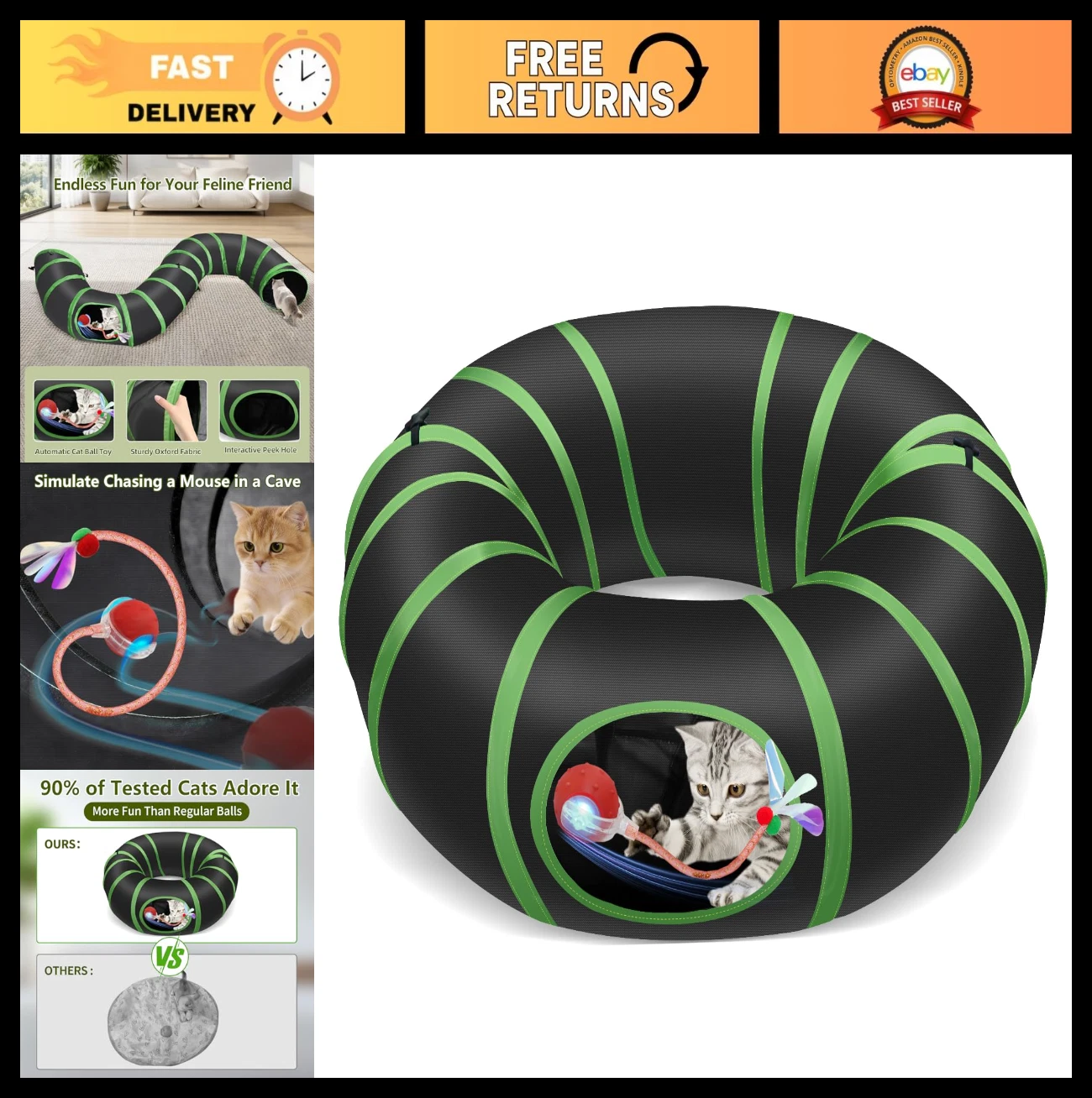 Interactive Cat Toy Ball in Collapsible Tunnel - 3 Speed Motion, USB Rechargeabl
