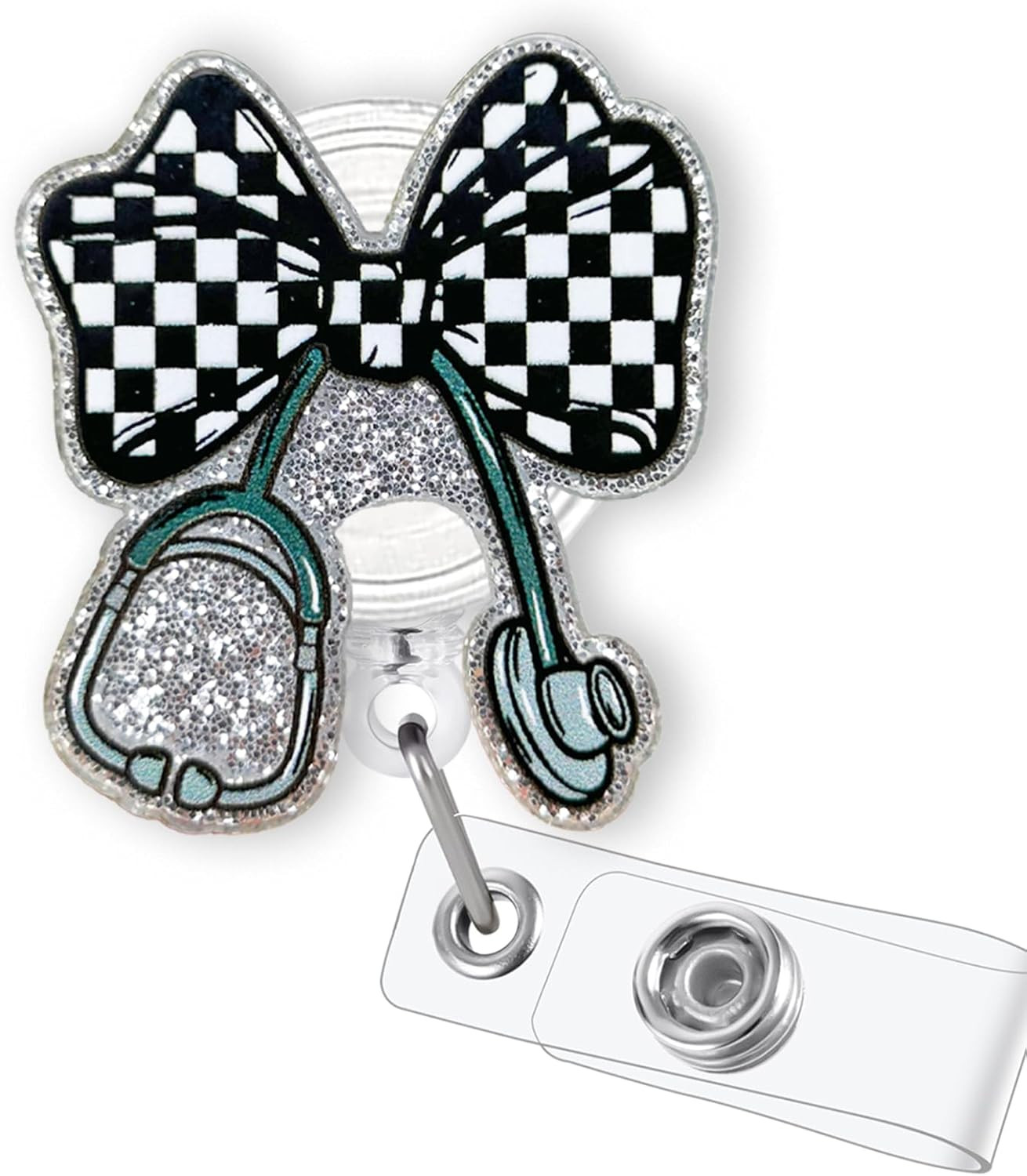 Checkered Bow Stethoscope Badge Reel Retractable for Nurse Nursing RN MA CNA LPN