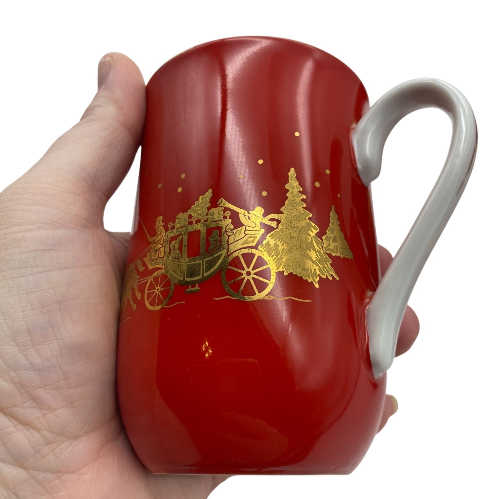 VTG Otagiri Horse and Carriage red gold coffee mug set of 4 Christmas Japan Gibs