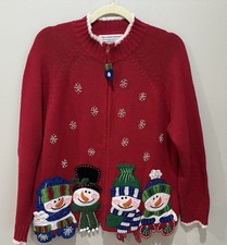 Tiara International Red Knit Christmas Zipper Sweater Medium Snowmen Bells EUC