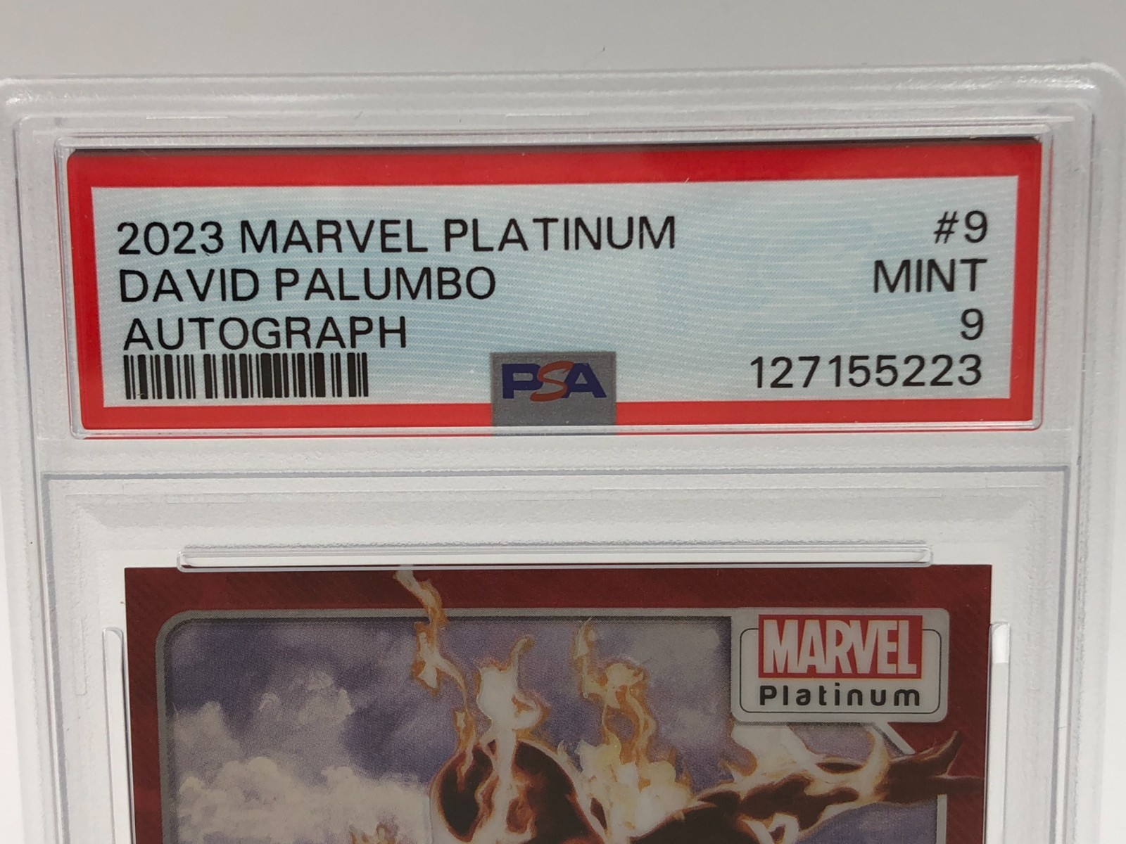 DAVID PALUMBO AUTO card 2023 MARVEL PLATINUM Art HUMAN TORCH Signed grade PSA 9 view 2