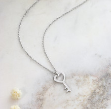 Heart Key Pendant Necklace for Women's Valentine's Day 14k White Gold Plated