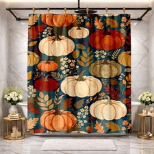 Fall Orange Maple Leaf Pumpkin Blue Shower Curtain Set 72x72 Bathroom Decor