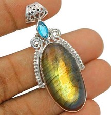 Natural Golden Fire Labradorite -Madagascar 925 Sterling Silver Pendant