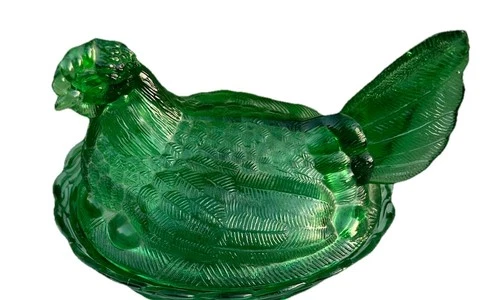 Vintage Hen on Nest Depression Green Emerald Glass 3.5" Wide Candy Dish