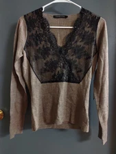 Adrienne Vittadini Women's Small Long Sleeve V Neck Top Black Lace Collar Wool