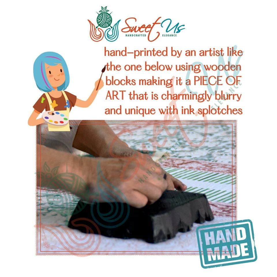 Cotton Block Print Tablecloth Elephant Green Blue Batik Kitchen Dining Linen - Image 4 of 4