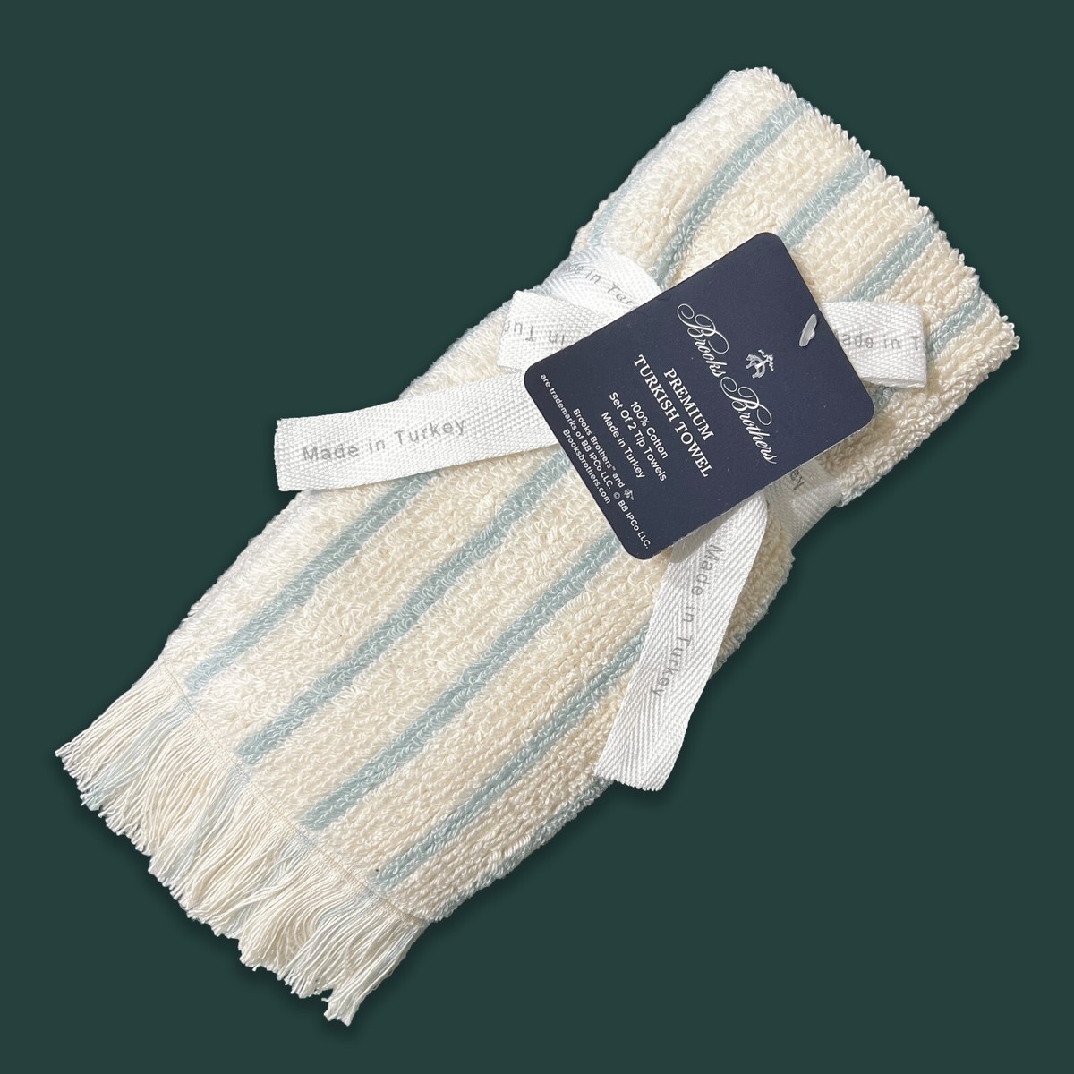 2PK New Brooks Brothers Turkish Tip Towels Light Brown Cream Blue