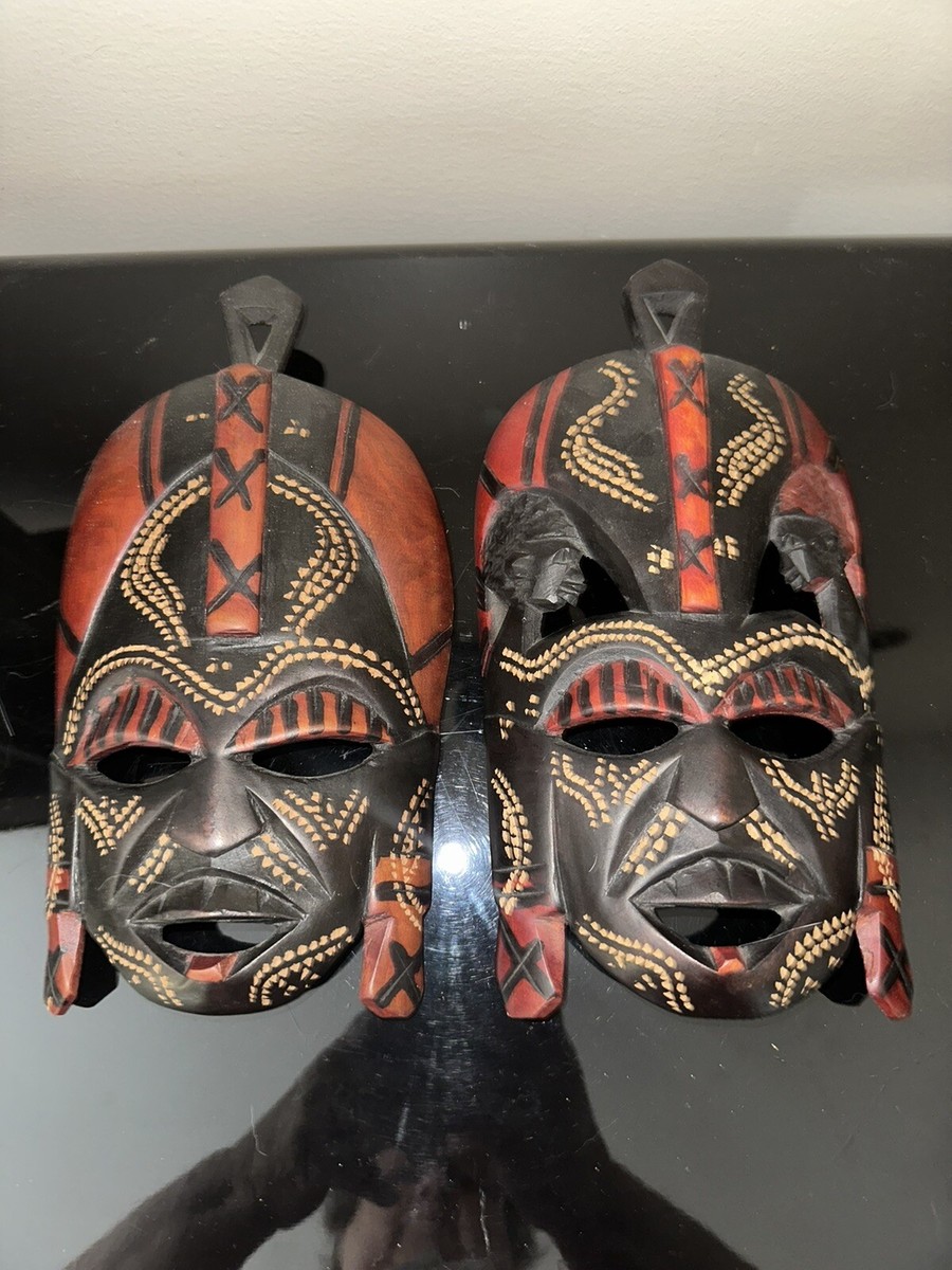 TRIBAL African Face MASK Wall Art Wood Carved Painted - Set Of 2