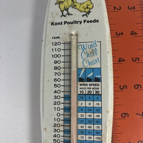 7" Metal Thermometer Kent Poultry Feeds Wind Chill Chart Livestock Farm Decor - Picture 3 of 6
