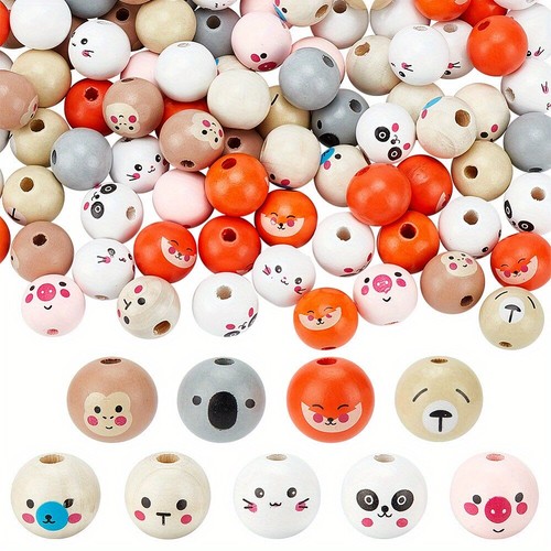1box 90pcs 9 colors Wood European style Beeds Large Hole Beads Round with Animal - Picture 1 of 6