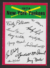 1974 Topps New York Yankees Unmarked Team Checklist, 1 Star Asterisk * Variation