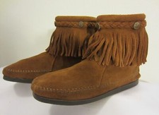 Minnetonka Moccasin Brown Suede Fringe Hippy Boho Back Zip Ankle Boots 6