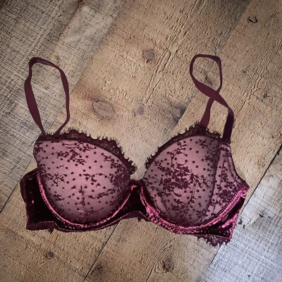 Victoria s Secret Dreams Angel Lace Push Up Bra Burgundy Velour 32C 422 Demi