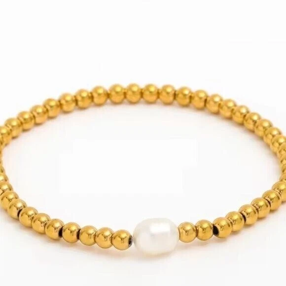 Pulseira elástica de ouro contas de ouro com pulseira de pérolas À PROVA D'ÁGUA ouro sem mancha - Imagem 4 de 4