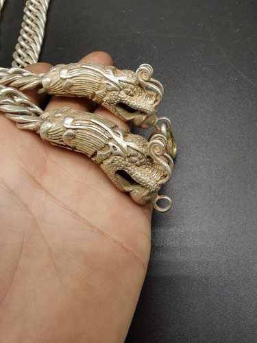 Hot 24In Old Chinese Tibet Silver Handcarving Double Dragon Head Necklace Party - Picture 5 of 7