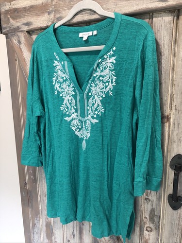 Chicos Linen Top Blouse Green White Embroidered Floral 3/4 Sleeve US XL Size 3