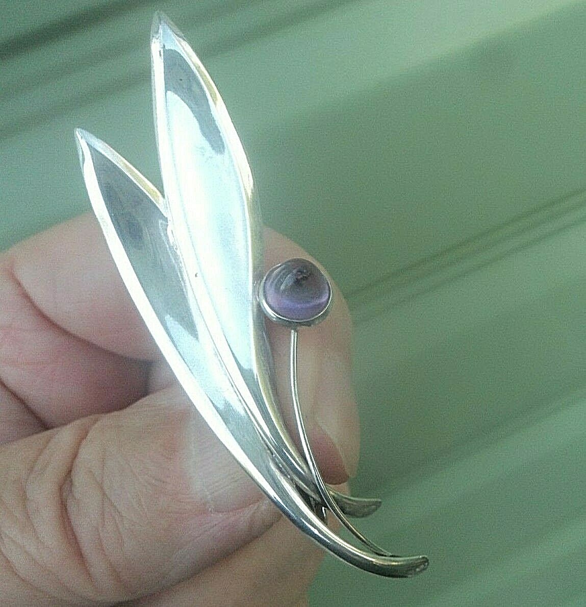 Finnish Silver & Amethyst Retro Floral Brooch Kupittaan Kulta Finland h/m 1962 thumbnail 3