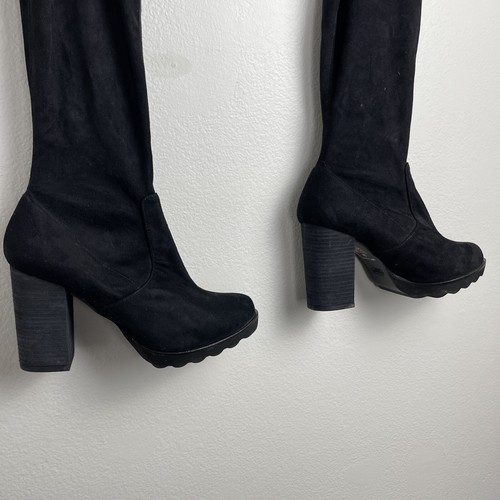 Free People Boots Womens 37 Black Over the Knee Suede Sock Thigh High Stack Heel - Picture 3 of 12