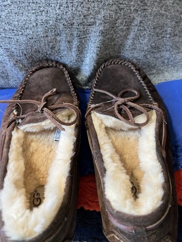 Ugg Dakota Espresso Brown Suede Furline Tie Mossasin Slippers - Picture 9 of 11