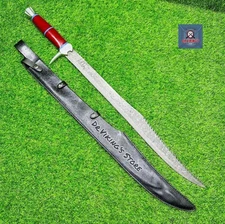 Custom Handmade Damascus Steel Sword with Resin Handle and Leather Sheath.