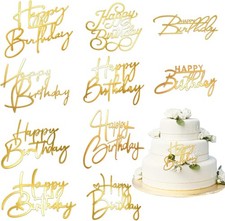 10PCS Gold Happy Birthday Cake Toppers Mirror Acrylic Cake Toppers, Gold Acrylic