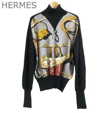 HERMES Old Sweater Knit Pullover Switching Scarf Pattern Turtleneck Long Sleeve