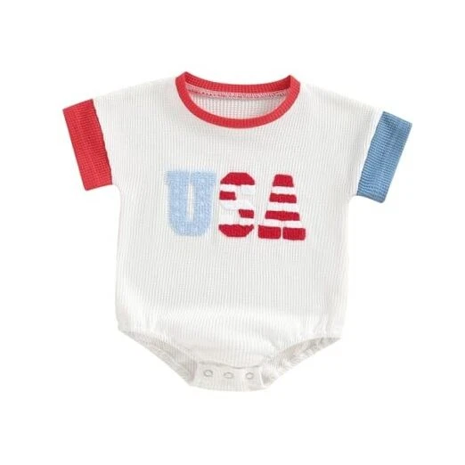Baby 4th of July Outfit Boy Girl Newborn 6-12 Months Waffle Knit Usa White