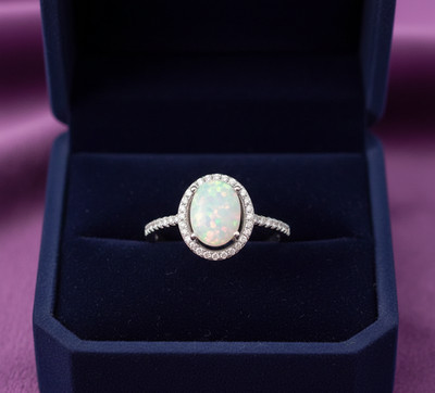 Oval White Opal Halo Ring, Sterling Silver Engagement Band,