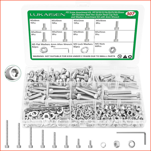 Schrauben Set M5 Edelstahl Sechskantschrauben Mit Muttern Unterlegscheiben 307-image