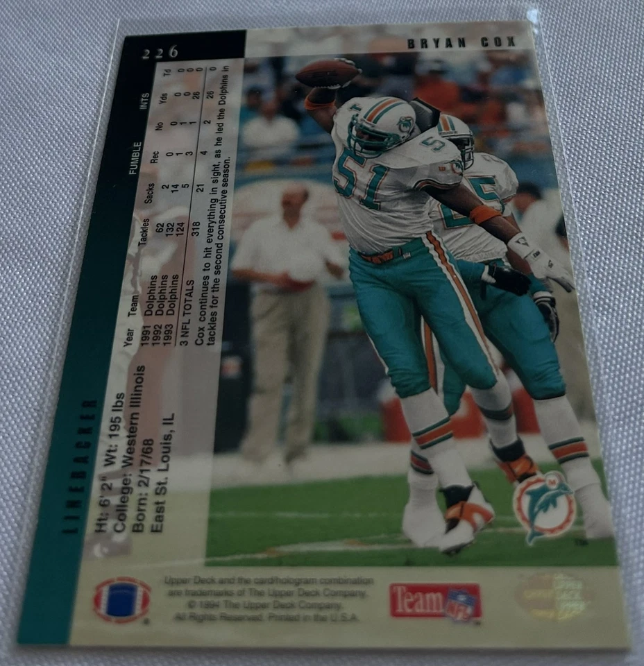 1994 Upper Deck Football Bryan Cox Miami Dolphins Electric Silver #152 - Image 3 of 3