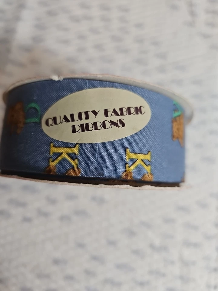 Par de carretes de cinta de tela alfabeto de oso de peluche 1 3/8x7' azul niño bebé vintage WFR Foto 3 de 3