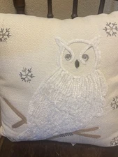 Embroidered Snowy Owl Throw Pillow Winter Snow Cream White Decor Accent Soft