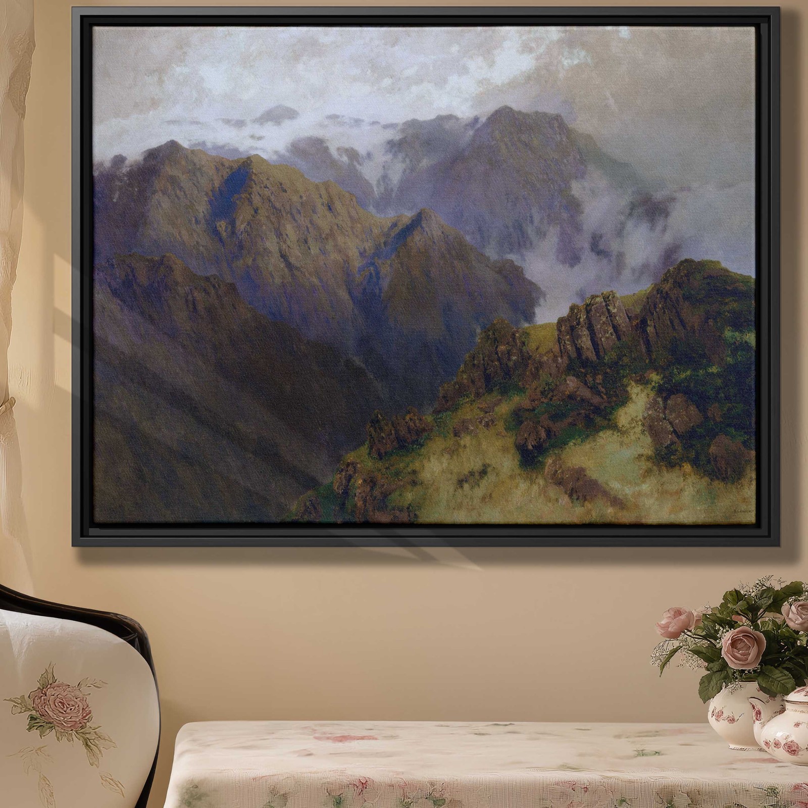 Mountain Landscape Oil Painting Vintage Canvas Print Wall Art Decor Nature Frame
