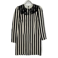 VALENTINO QB2VAID9425 White Silk Stripe Lace Dress dress 42 Black x white