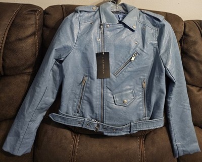 Lika Rulla Women s Large Powder  Blue Faux Leather Jacket Zip-up Belted NWT 