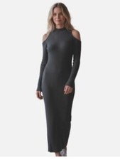 Astr Charcoal Cold-Shoulder knit sweater Midi Dress large nwt
