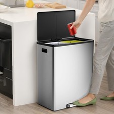 16Gal Kitchen Double Trash Can, 60L Stainless Steel Dual Compartment Garbage Bin