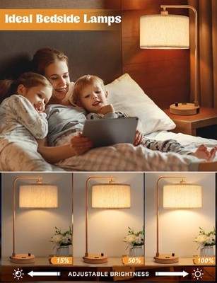 Bedside Lamp USB C+A, AC Outlet, 3-Way Dimmable Wood
