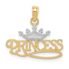 14k Yellow Gold Rhodium Polished PRINCESS with Crown Pendant Gift for Her