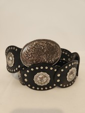 Sz L Fossil Women's Concho Belt Black Genuine Leather Silver-tone Buckle Studs