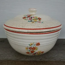 VTG Covered Bowl Dish Flower Pots Lattice Pattern 1940s Oven Proof